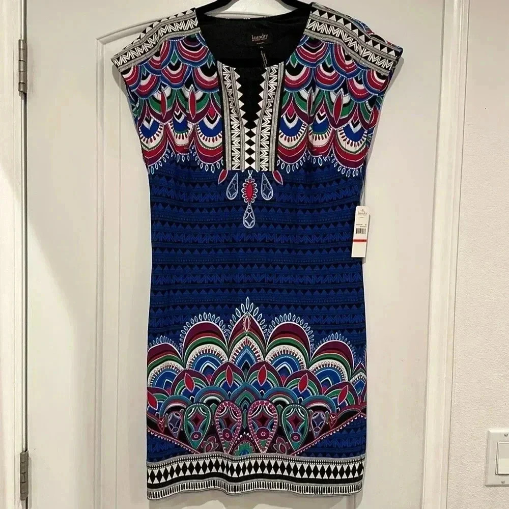 NWT Laundry Shelli Segal V-Neck Blue Red Pink Purple Shift Sleeveless Dress XS